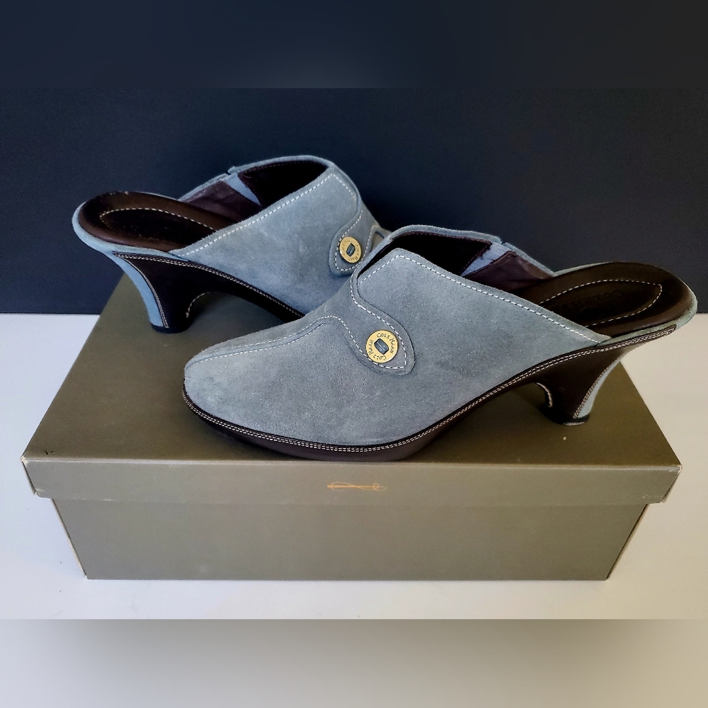 Cole Haan Devon Clogs Pale Blue Suede SIip On Mules Original Box Size 7.5B